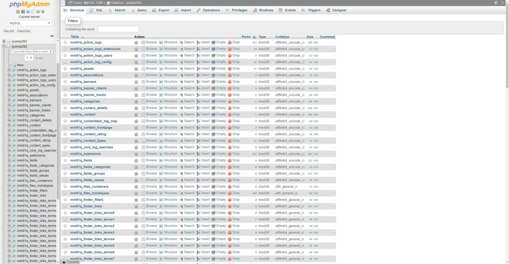 Bild der phpMyAdmin-Schnittstelle und der Struktur der Datenbanktabellen.