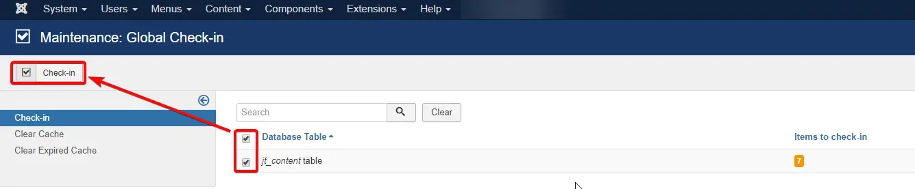 Bild der Schaltfläche Einchecken. Damit werden alle gesperrten Elemente auf der gesamten Joomla-Website eingecheckt.
