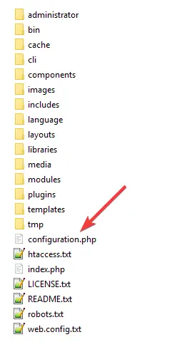 Bild des Stammordners mit einem Pfeil, der auf die Datei configuration.php zeigt.