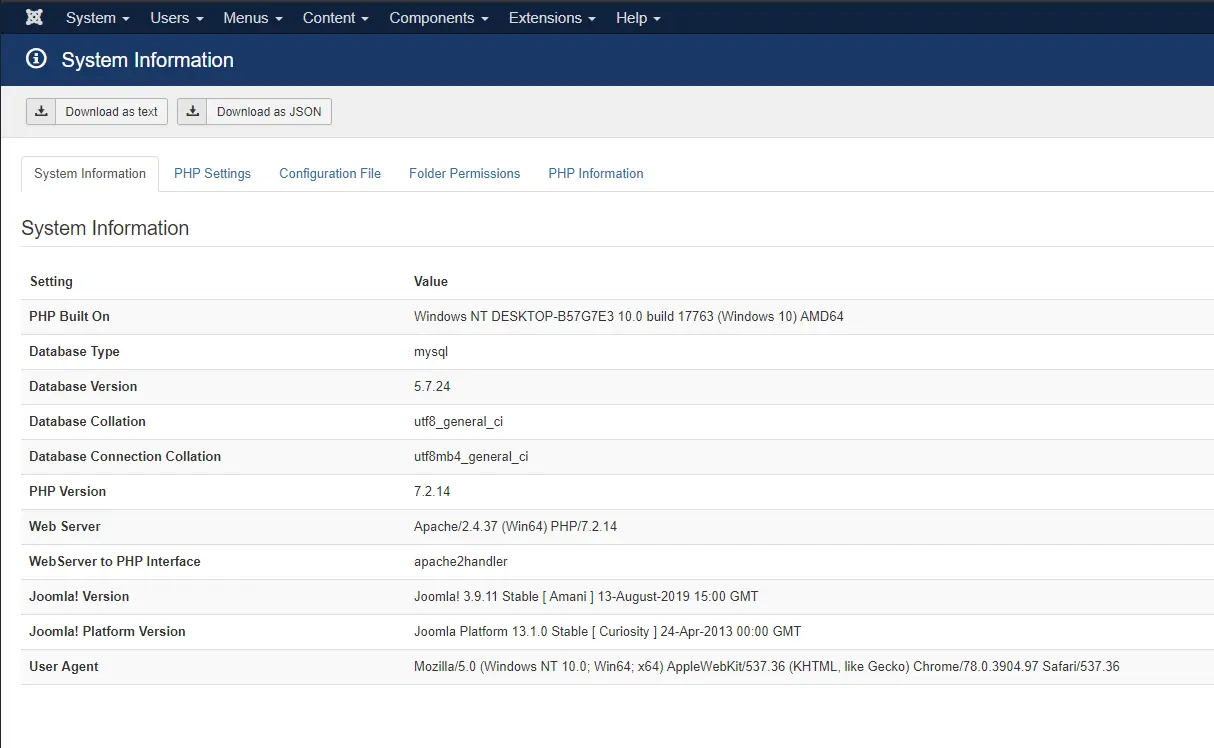 Registerkarte Systeminformationen im Joomla-Administrator.