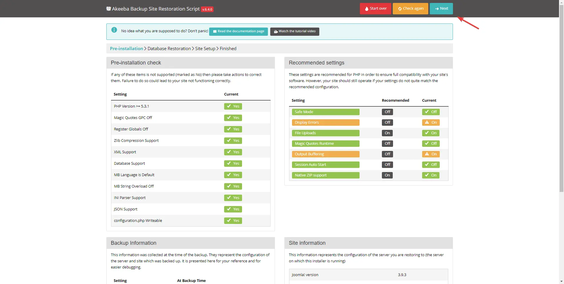 Bild des Akeeba-Plugins in dem Moment, in dem die Datenbank wiederhergestellt wird.