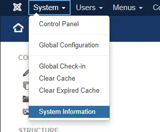 Pfad zum Systeminformationsfenster in Joomla.