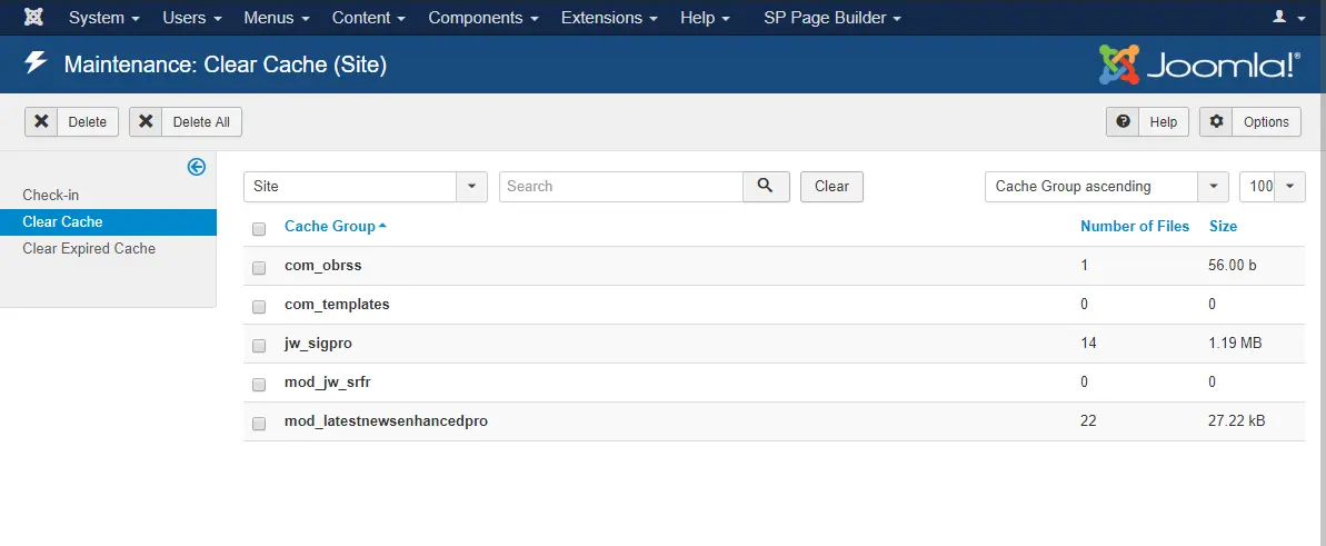 Das Bild zeigt, wo man den Cache in Joomla löschen kann.