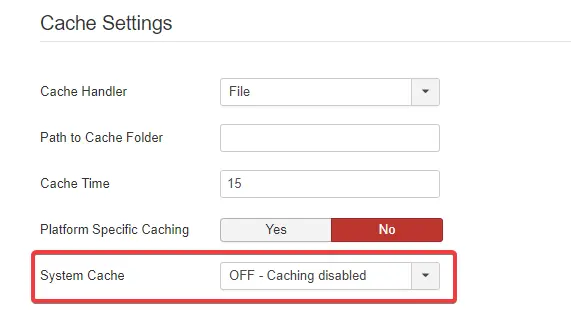 Das Bild zeigt, wie man den System-Cache in Joomla deaktiviert.