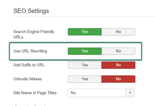 Das Bild zeigt, wo man das URL-Rewriting im Joomla-Administrator aktivieren kann.