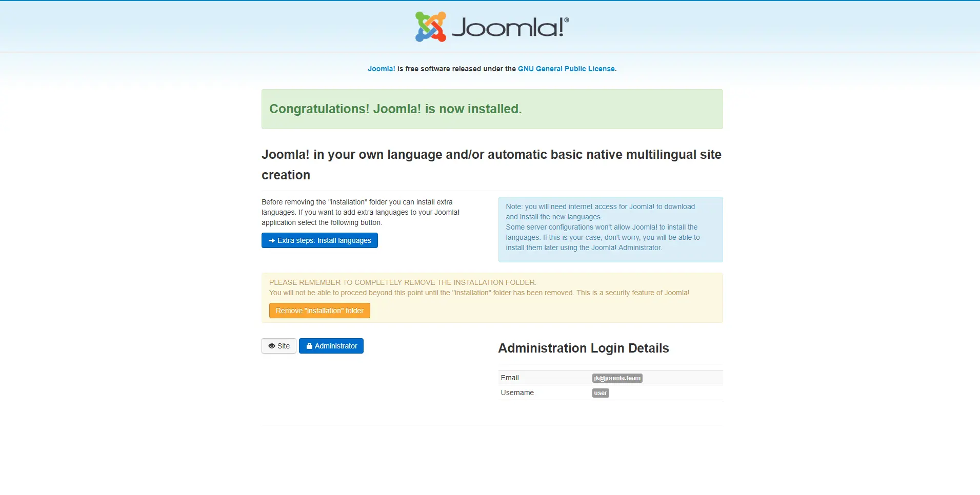 Joomla! installierte Seite.